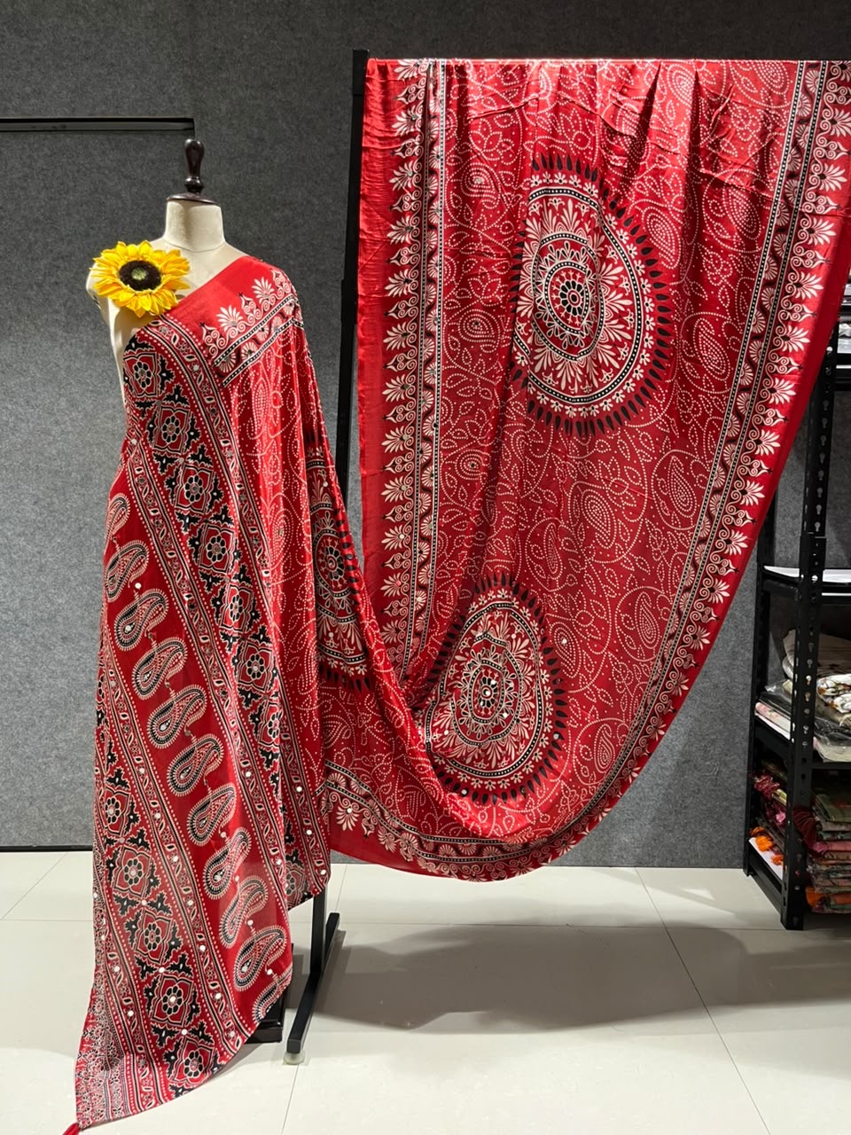 AJ5 Ajrakh real mirror work saree(Red(
