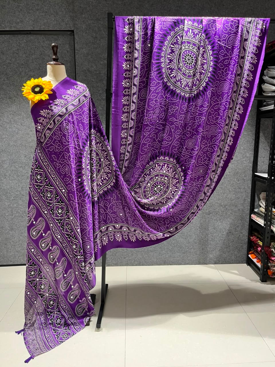 AJ5 Ajrakh real mirror work saree(Purple)