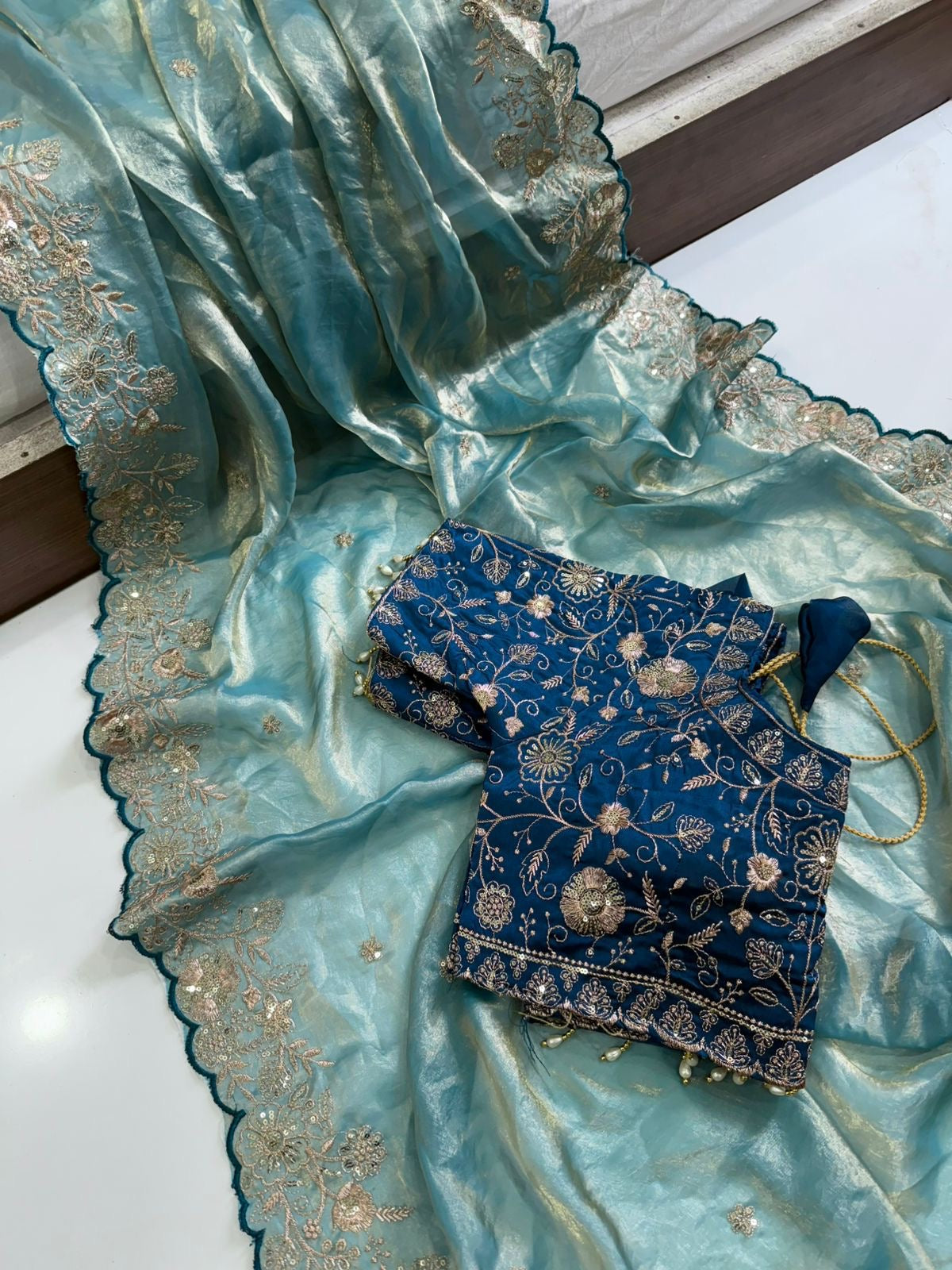Space silk saree with ready/made work blouse