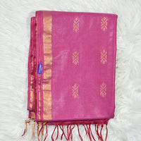 Pink saree with gold patterns and fringes on a white background