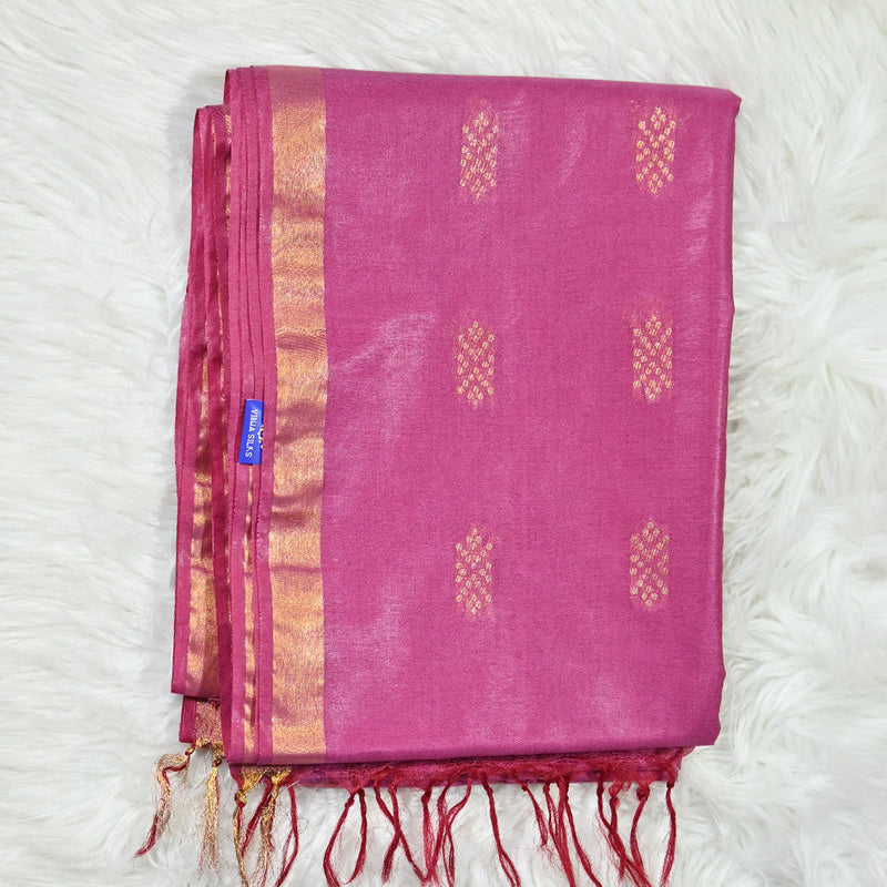 Pink saree with gold patterns and fringes on a white background