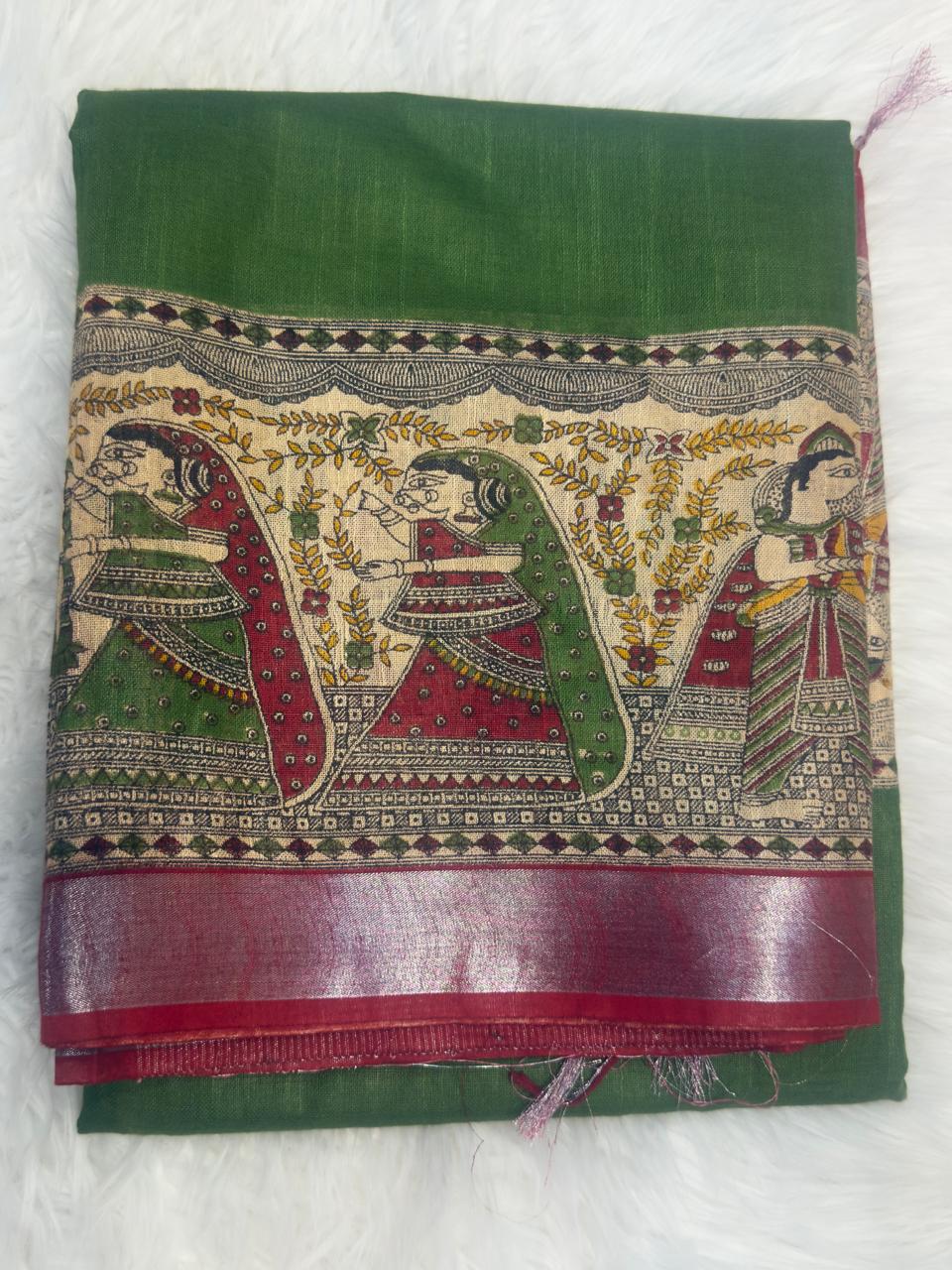 Linen Madhubani Print - Green