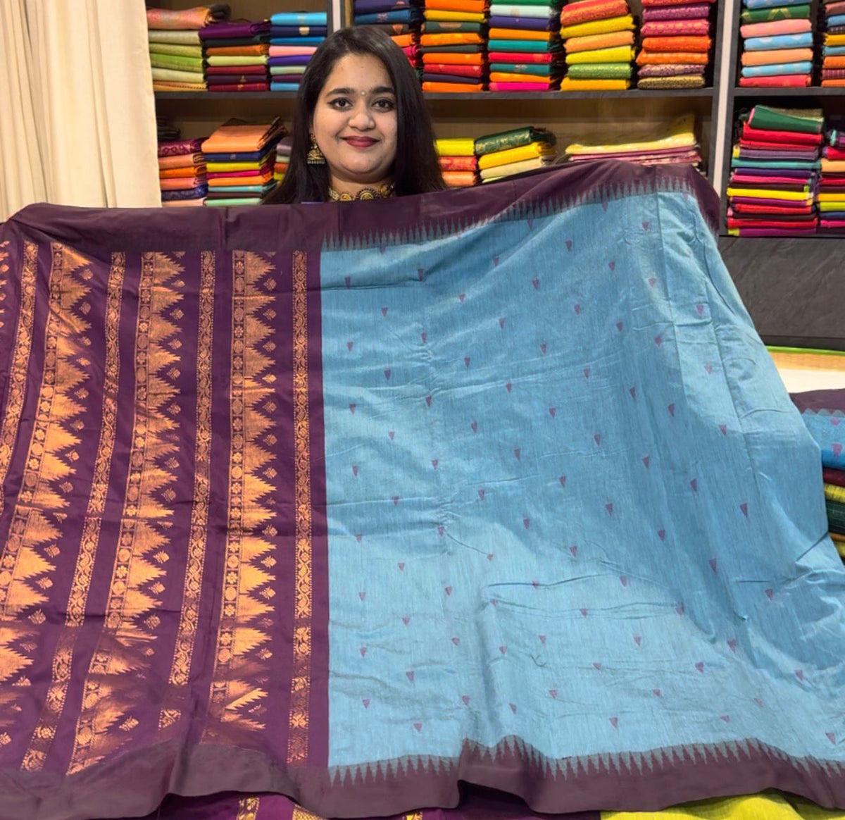 Kalyani Cotton Silk (Temple Border) - Blue
