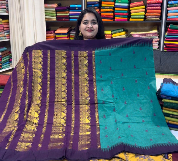Kalyani Cotton Silk (Temple Border) - Krishna Blue