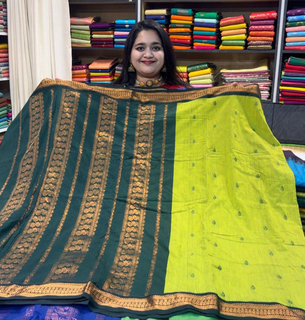 Kalyani Cotton Silk (Kanchi Border) - Lemon Green