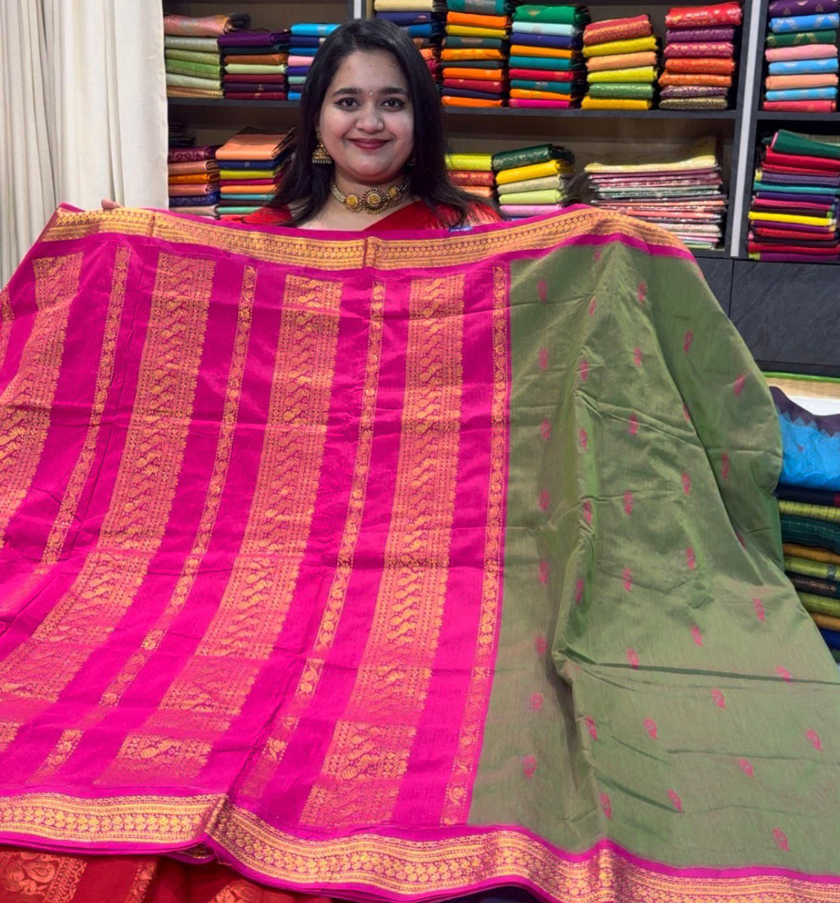 Kalyani Cotton Silk (Kanchi Border) - Moss Green